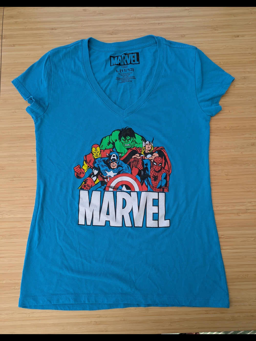 Marvel Women's Blue V-Neck Graphic Tee
